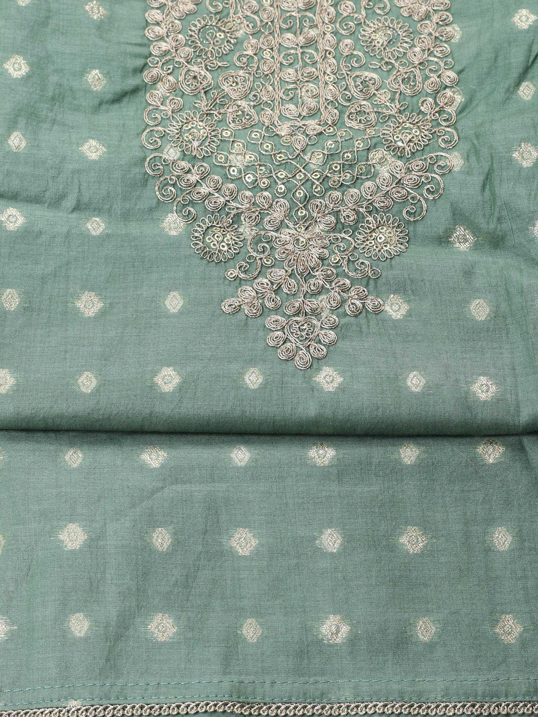 Green Embroidered Chanderi Unstitched Suit &amp; Pant With Banarsi Dupatta