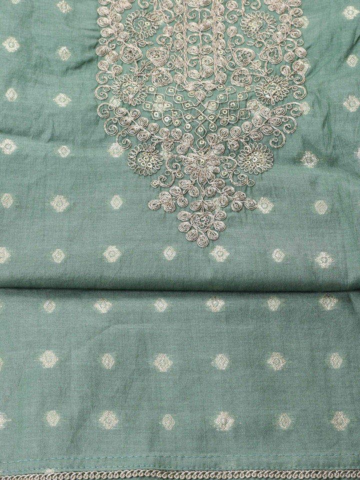 Green Embroidered Chanderi Unstitched Suit &amp; Pant With Banarsi Dupatta