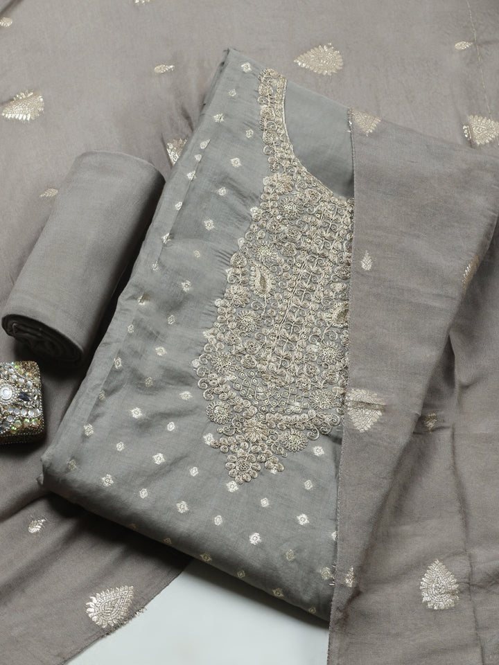 Grey Embroidered Chanderi Unstitched Suit &amp; Pant With Banarsi Dupatta