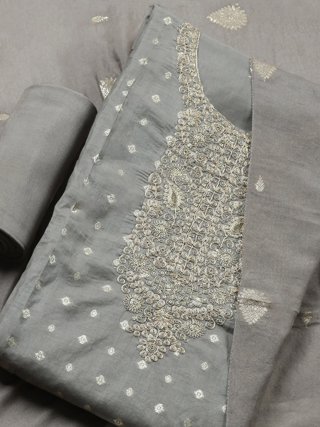 Grey Embroidered Chanderi Unstitched Suit &amp; Pant With Banarsi Dupatta