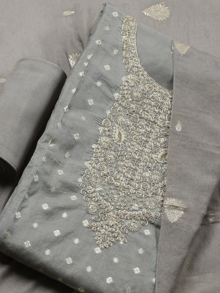 Grey Embroidered Chanderi Unstitched Suit &amp; Pant With Banarsi Dupatta