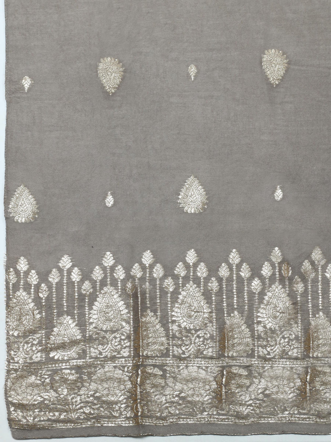 Grey Embroidered Chanderi Unstitched Suit &amp; Pant With Banarsi Dupatta