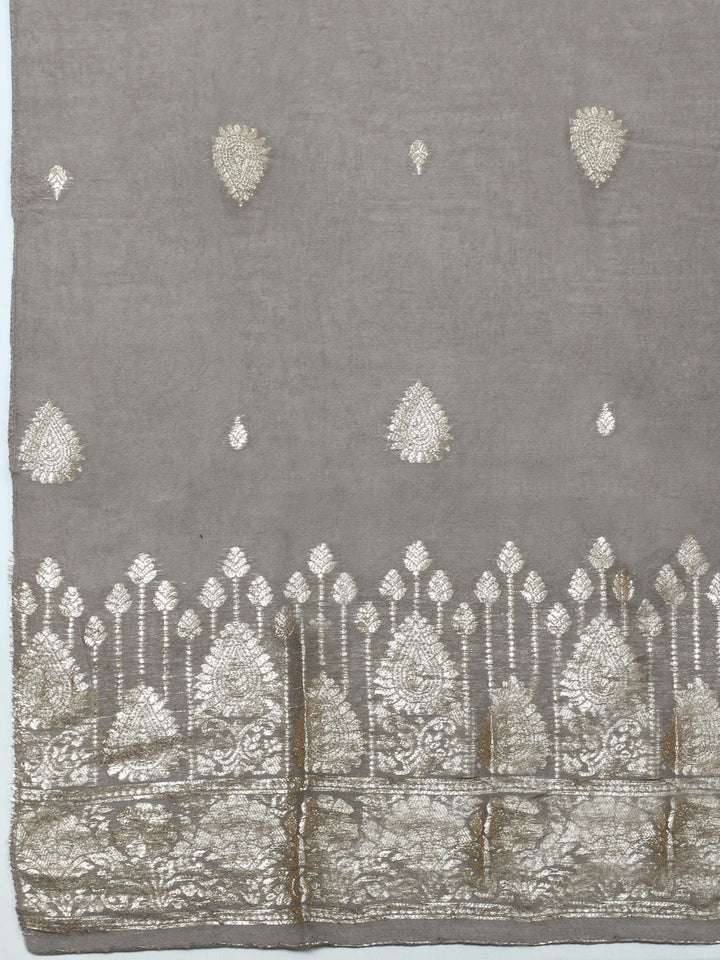 Grey Embroidered Chanderi Unstitched Suit &amp; Pant With Banarsi Dupatta