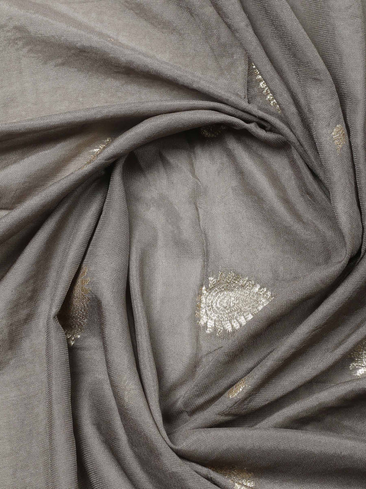 Grey Embroidered Chanderi Unstitched Suit &amp; Pant With Banarsi Dupatta
