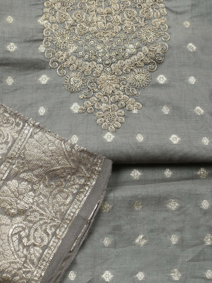 Grey Embroidered Chanderi Unstitched Suit &amp; Pant With Banarsi Dupatta