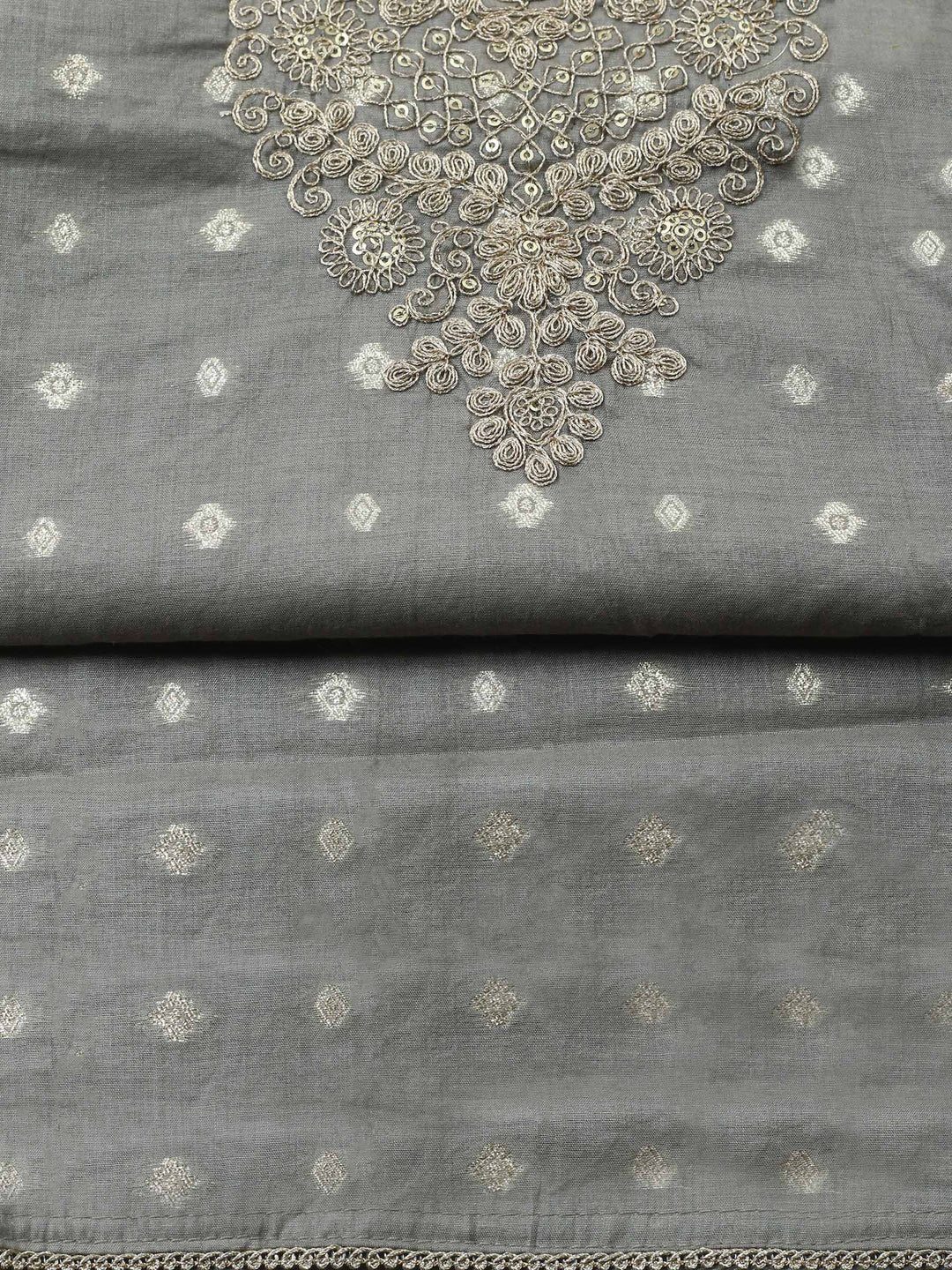 Grey Embroidered Chanderi Unstitched Suit &amp; Pant With Banarsi Dupatta