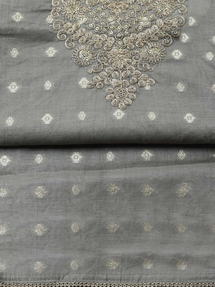 Grey Embroidered Chanderi Unstitched Suit &amp; Pant With Banarsi Dupatta