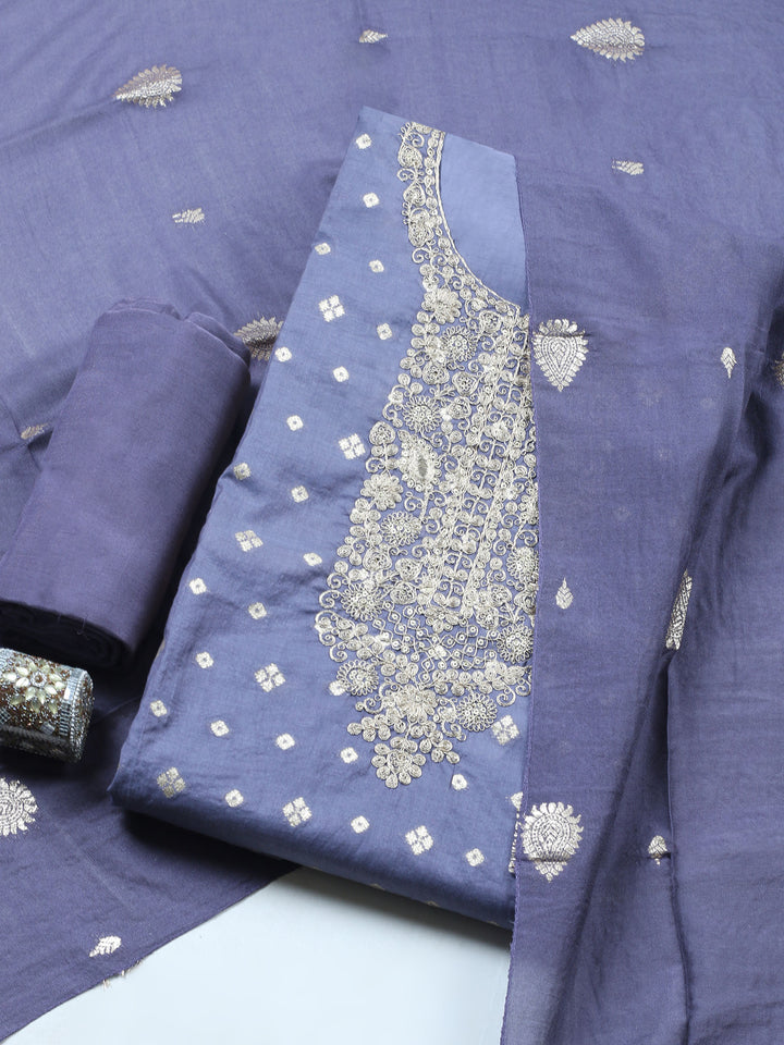 Hyacinth Embroidered Chanderi Unstitched Suit &amp; Pant With Banarsi Dupatta