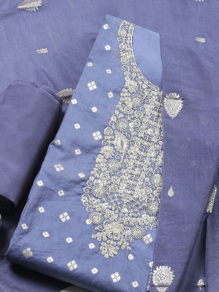 Hyacinth Embroidered Chanderi Unstitched Suit &amp; Pant With Banarsi Dupatta