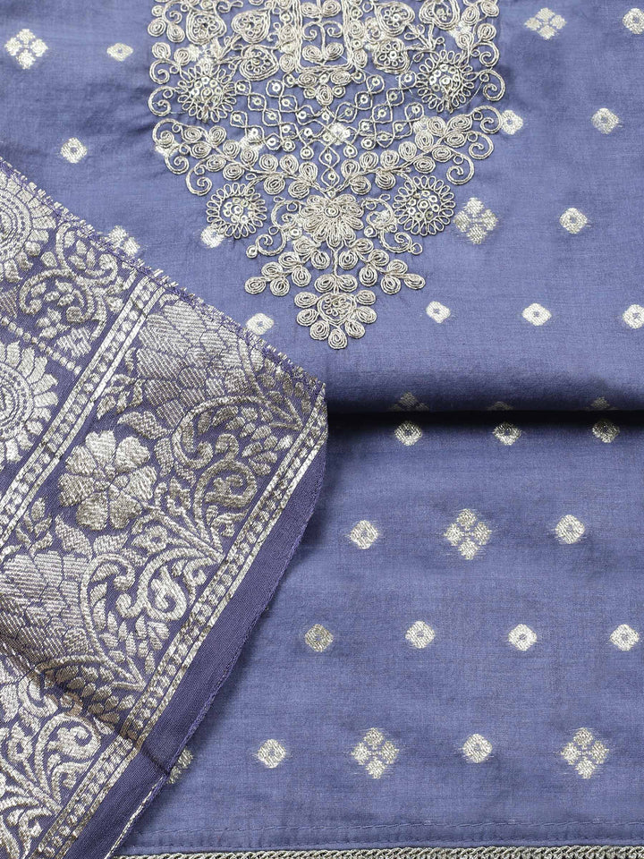 Hyacinth Embroidered Chanderi Unstitched Suit &amp; Pant With Banarsi Dupatta