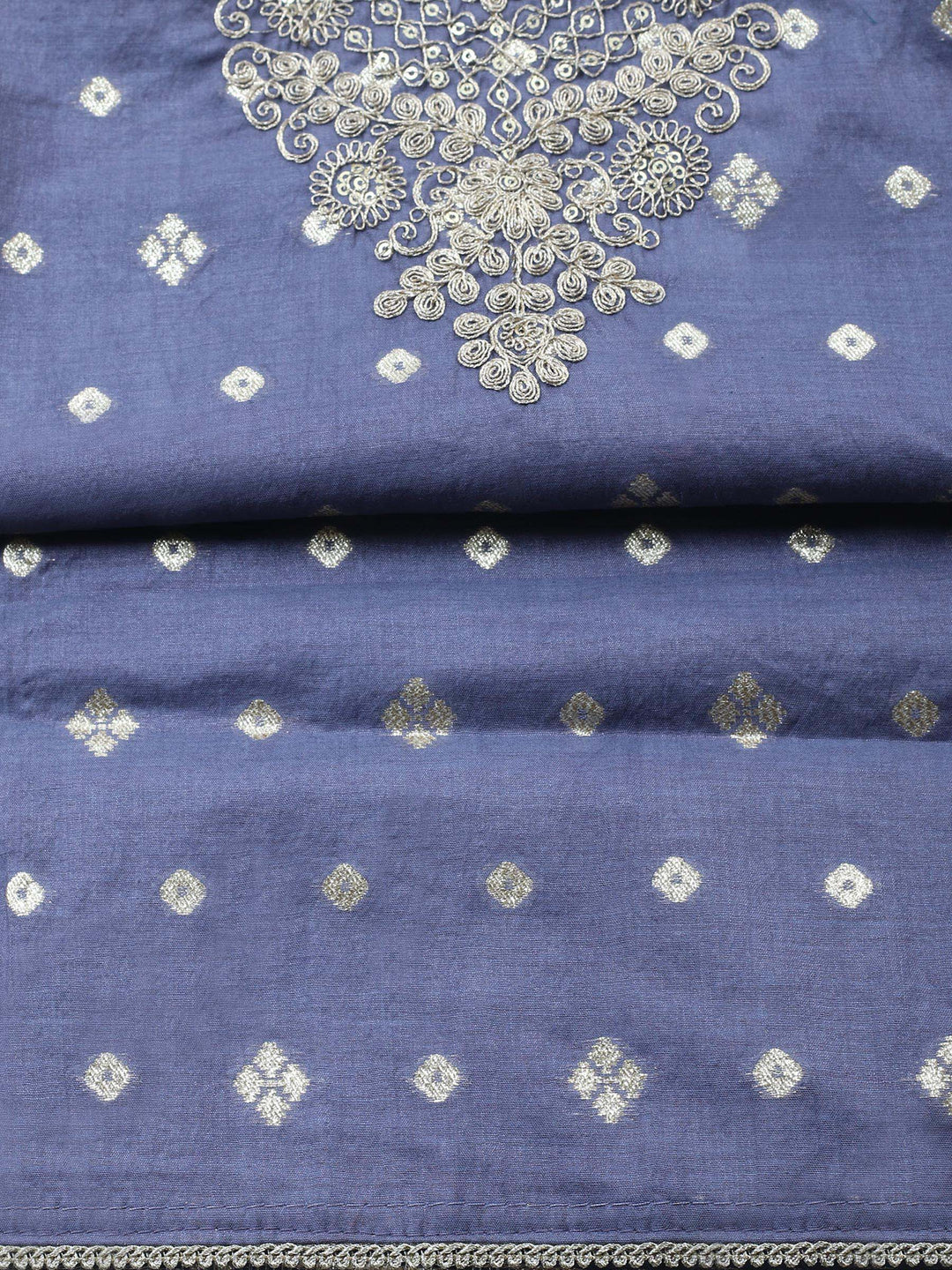 Hyacinth Embroidered Chanderi Unstitched Suit &amp; Pant With Banarsi Dupatta