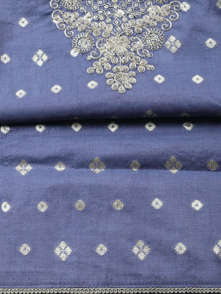 Hyacinth Embroidered Chanderi Unstitched Suit &amp; Pant With Banarsi Dupatta