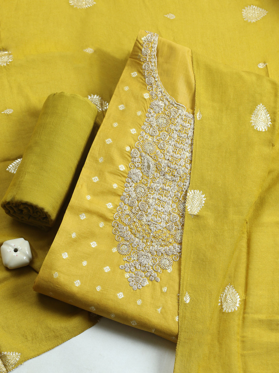 Mustard Embroidered Chanderi Unstitched Suit &amp; Pant With Banarsi Dupatta