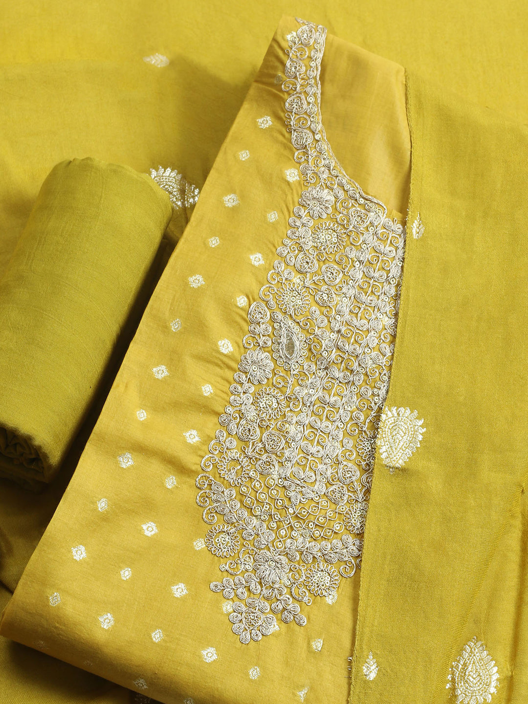 Mustard Embroidered Chanderi Unstitched Suit &amp; Pant With Banarsi Dupatta