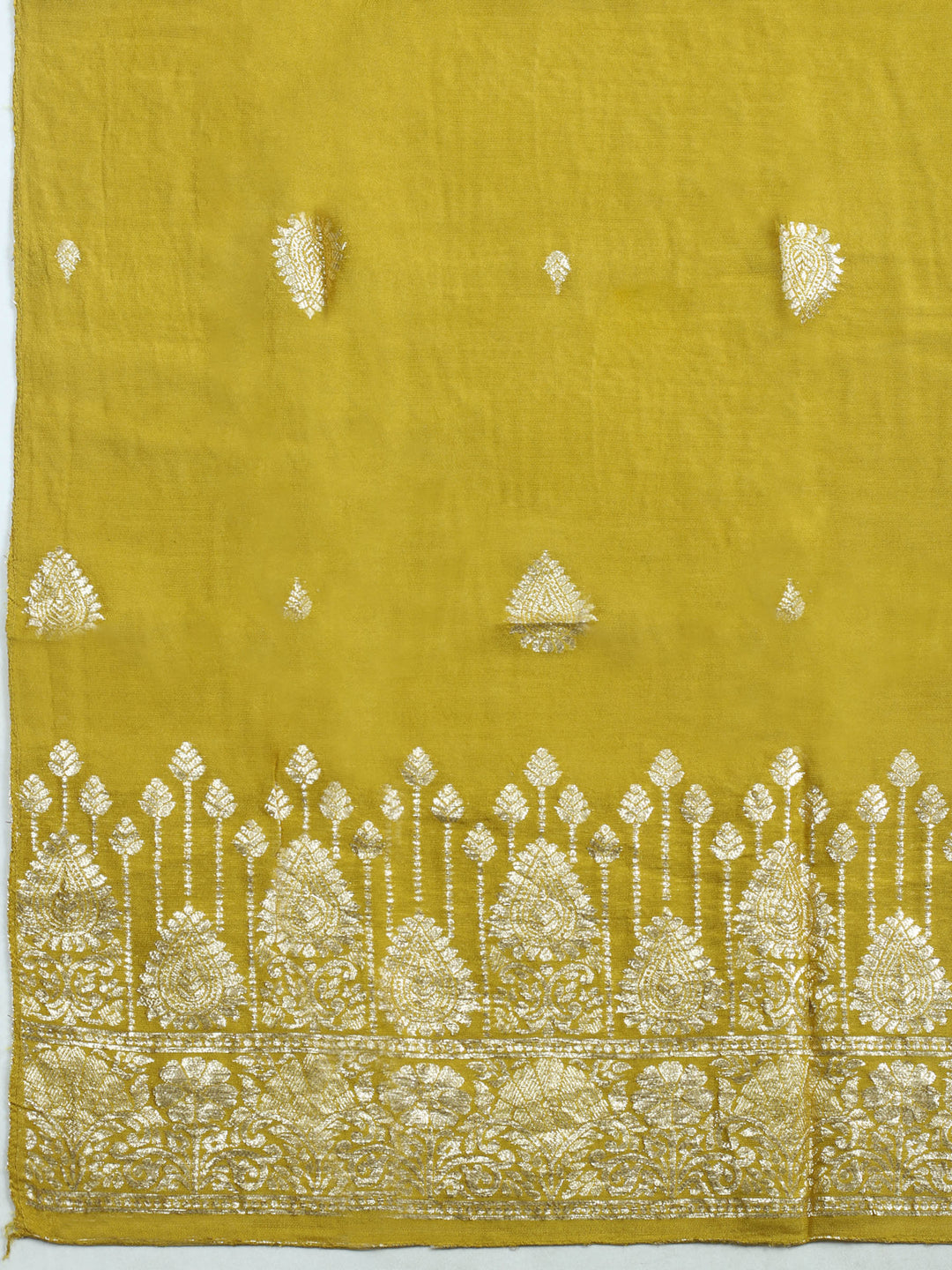 Mustard Embroidered Chanderi Unstitched Suit &amp; Pant With Banarsi Dupatta