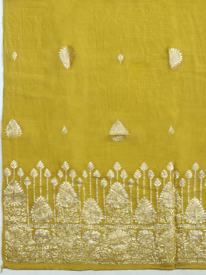 Mustard Embroidered Chanderi Unstitched Suit &amp; Pant With Banarsi Dupatta