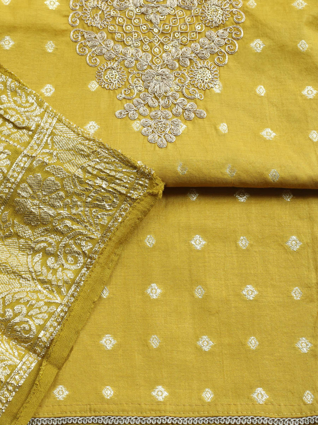Mustard Embroidered Chanderi Unstitched Suit &amp; Pant With Banarsi Dupatta