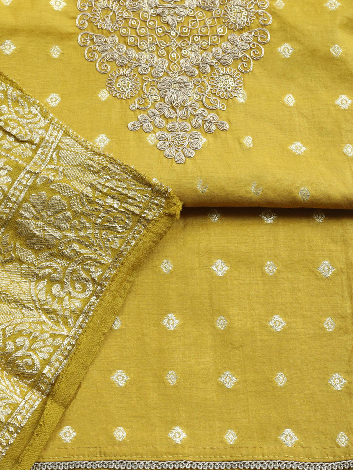 Mustard Embroidered Chanderi Unstitched Suit &amp; Pant With Banarsi Dupatta