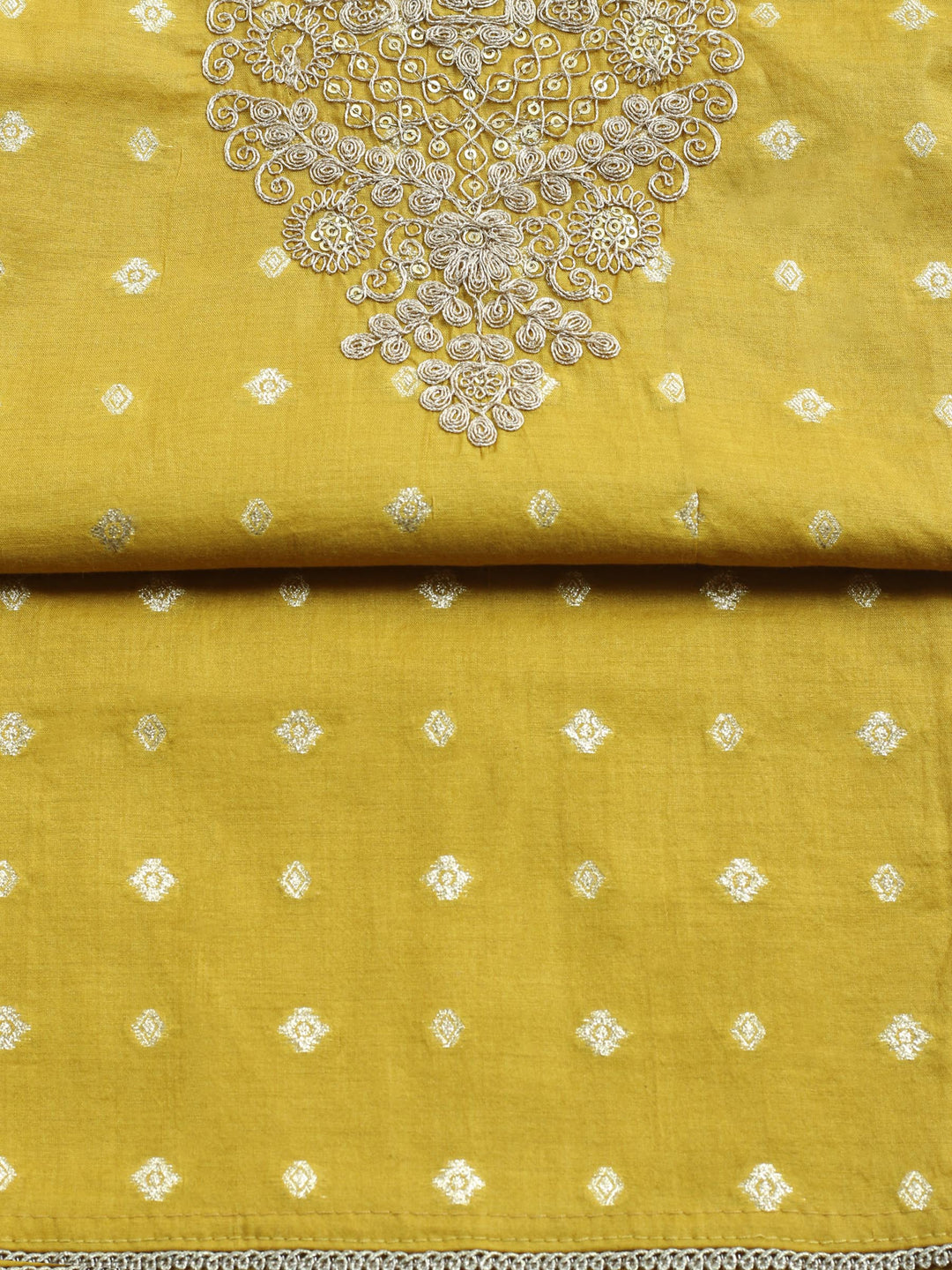 Mustard Embroidered Chanderi Unstitched Suit &amp; Pant With Banarsi Dupatta