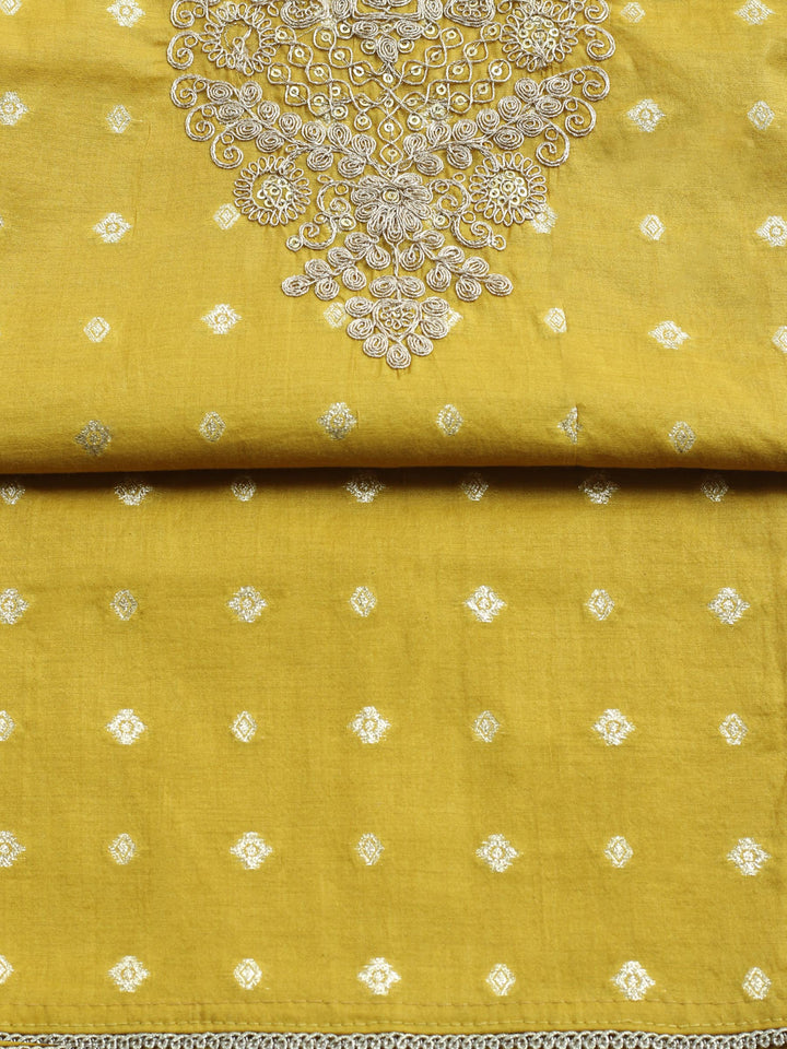 Mustard Embroidered Chanderi Unstitched Suit &amp; Pant With Banarsi Dupatta