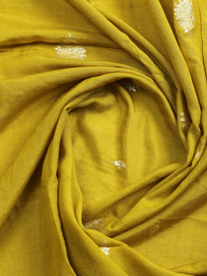 Mustard Embroidered Chanderi Unstitched Suit &amp; Pant With Banarsi Dupatta