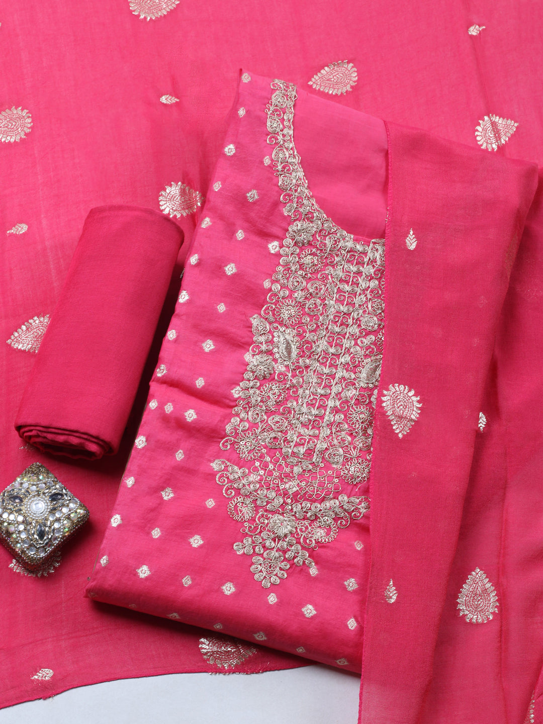 Pink Embroidered Chanderi Unstitched Suit &amp; Pant With Banarsi Dupatta