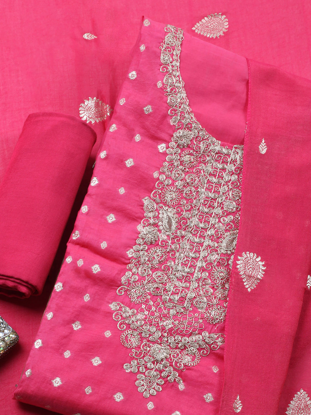 Pink Embroidered Chanderi Unstitched Suit &amp; Pant With Banarsi Dupatta