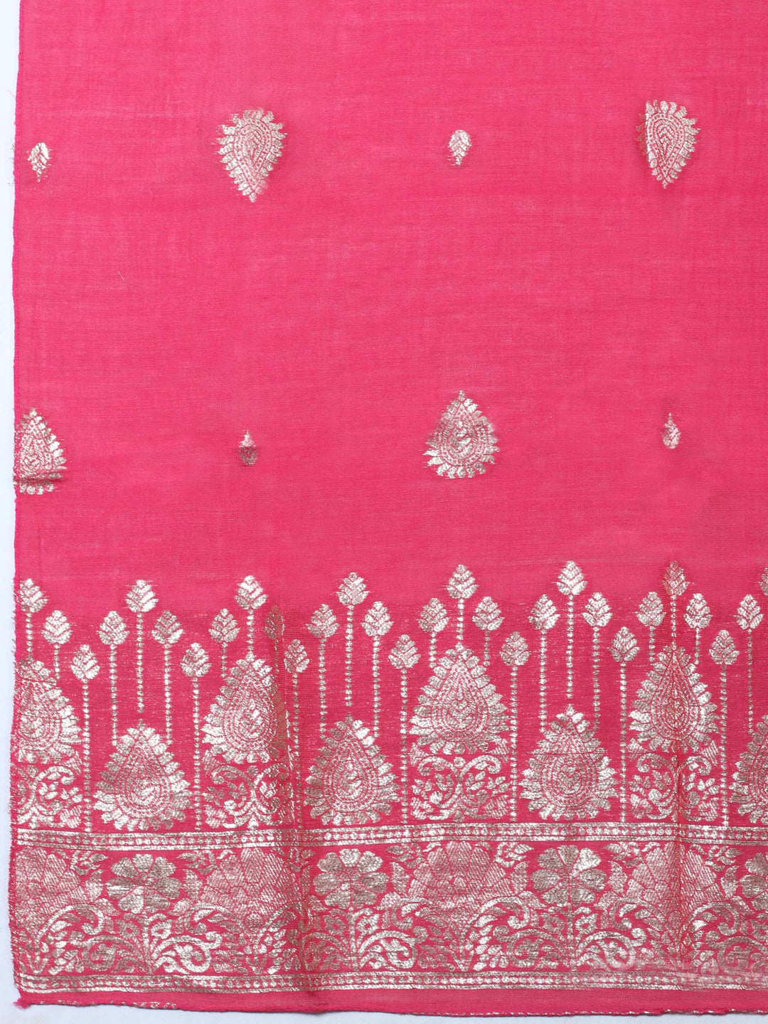 Pink Embroidered Chanderi Unstitched Suit &amp; Pant With Banarsi Dupatta