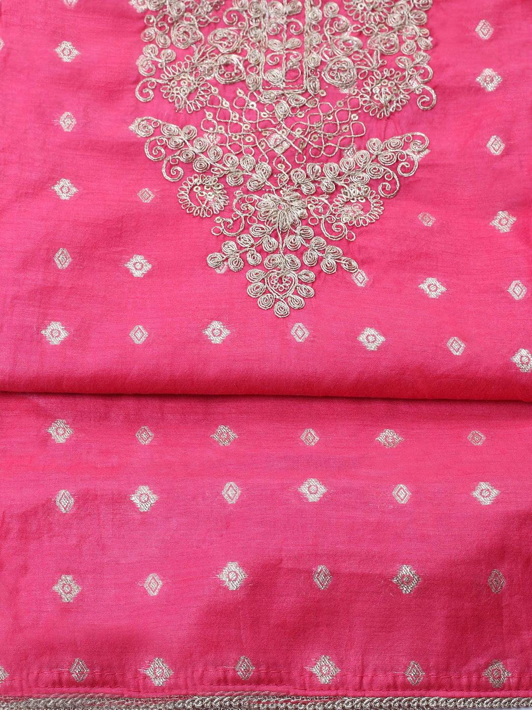 Pink Embroidered Chanderi Unstitched Suit &amp; Pant With Banarsi Dupatta