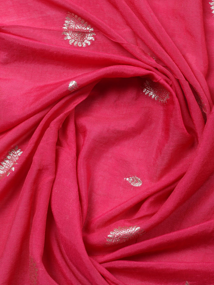 Pink Embroidered Chanderi Unstitched Suit &amp; Pant With Banarsi Dupatta