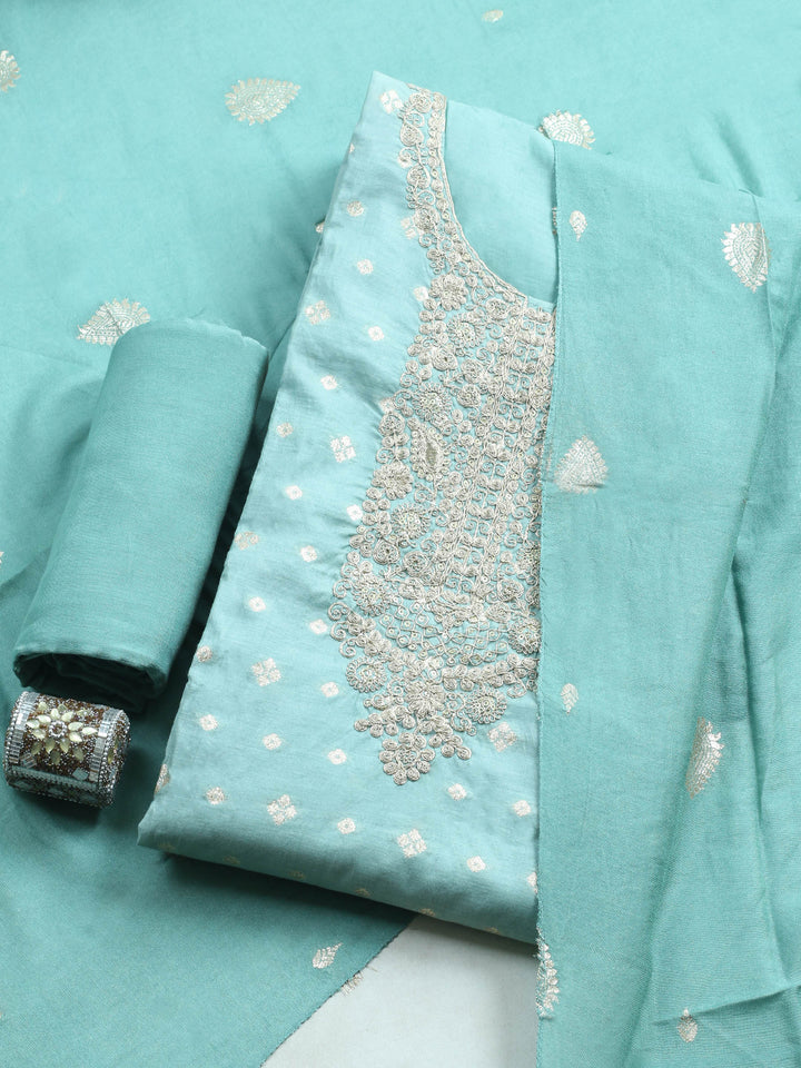 Turquoise Embroidered Chanderi Unstitched Suit &amp; Pant With Banarsi Dupatta