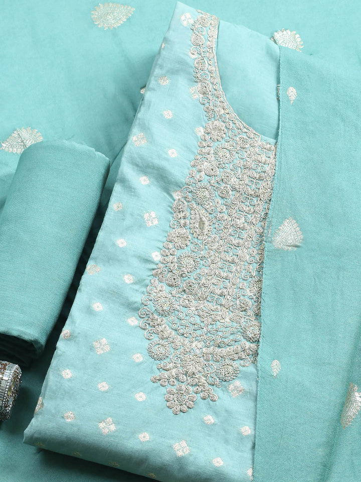 Turquoise Embroidered Chanderi Unstitched Suit &amp; Pant With Banarsi Dupatta