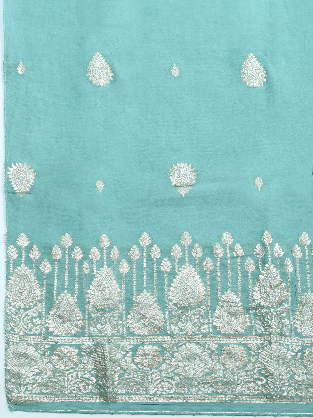 Turquoise Embroidered Chanderi Unstitched Suit &amp; Pant With Banarsi Dupatta