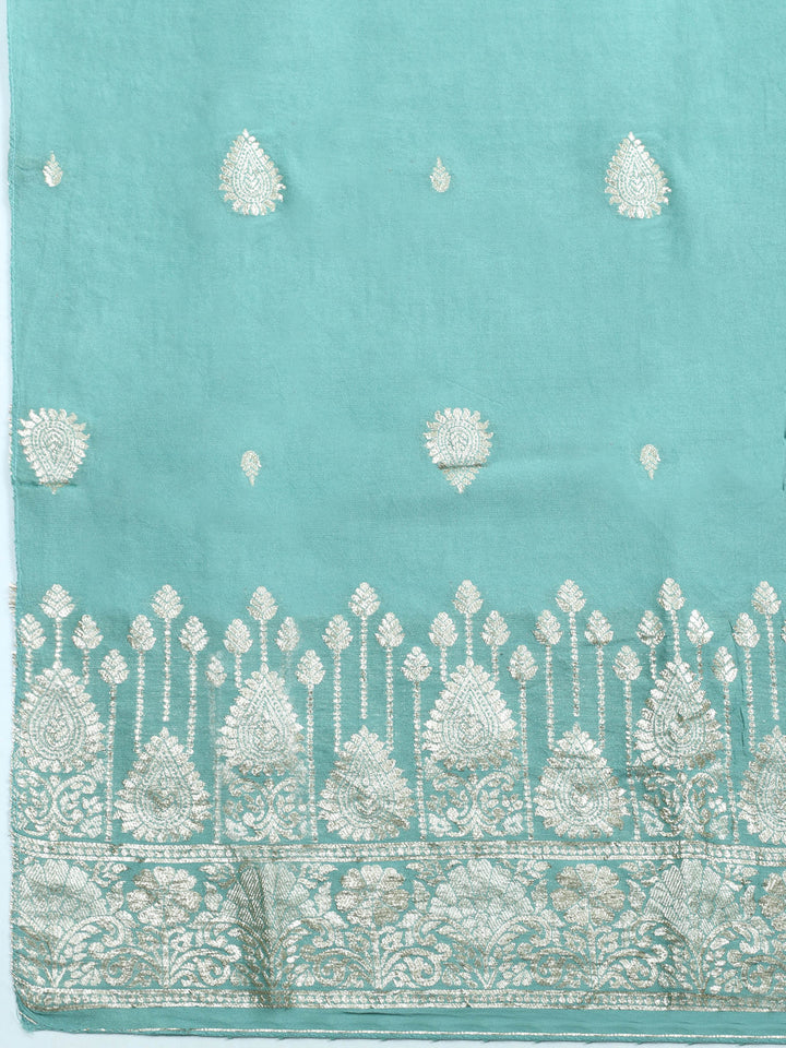 Turquoise Embroidered Chanderi Unstitched Suit &amp; Pant With Banarsi Dupatta