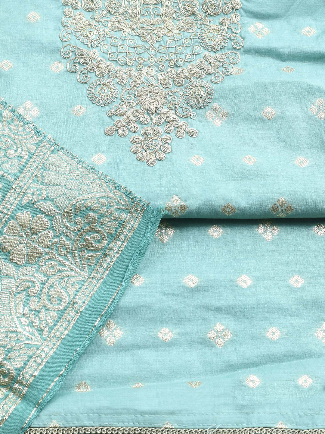 Turquoise Embroidered Chanderi Unstitched Suit &amp; Pant With Banarsi Dupatta