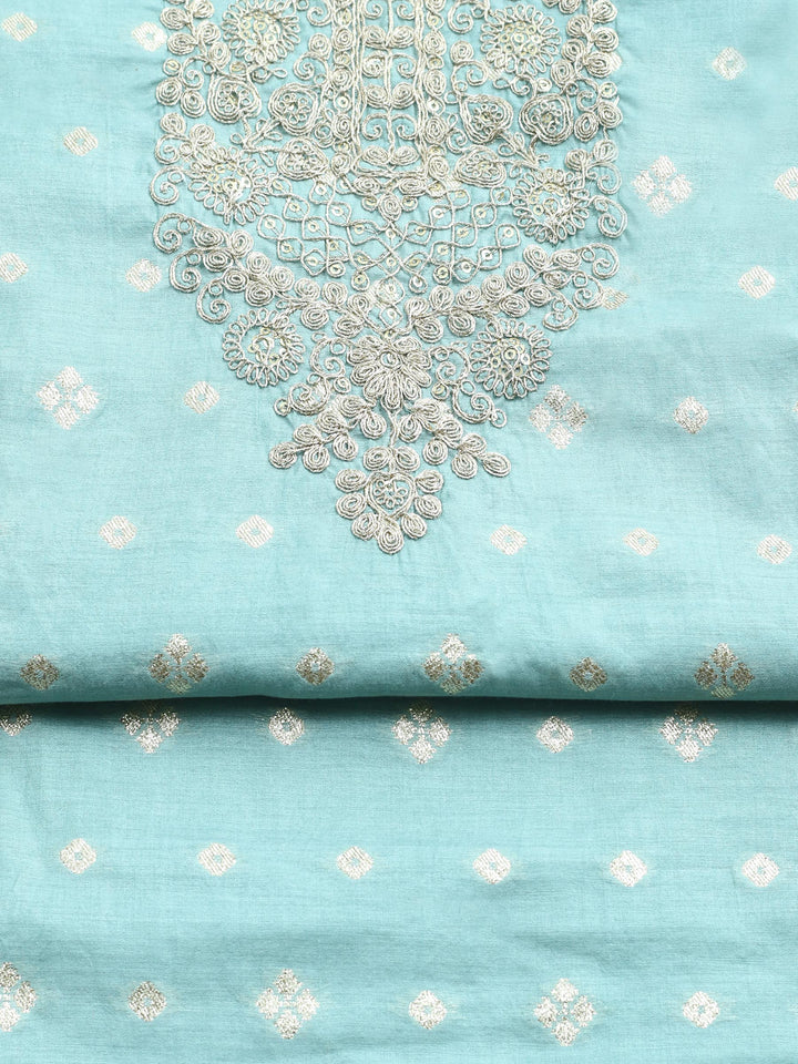 Turquoise Embroidered Chanderi Unstitched Suit &amp; Pant With Banarsi Dupatta