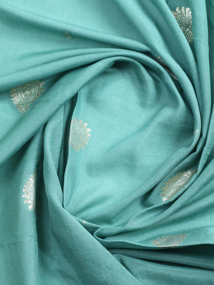 Turquoise Embroidered Chanderi Unstitched Suit &amp; Pant With Banarsi Dupatta