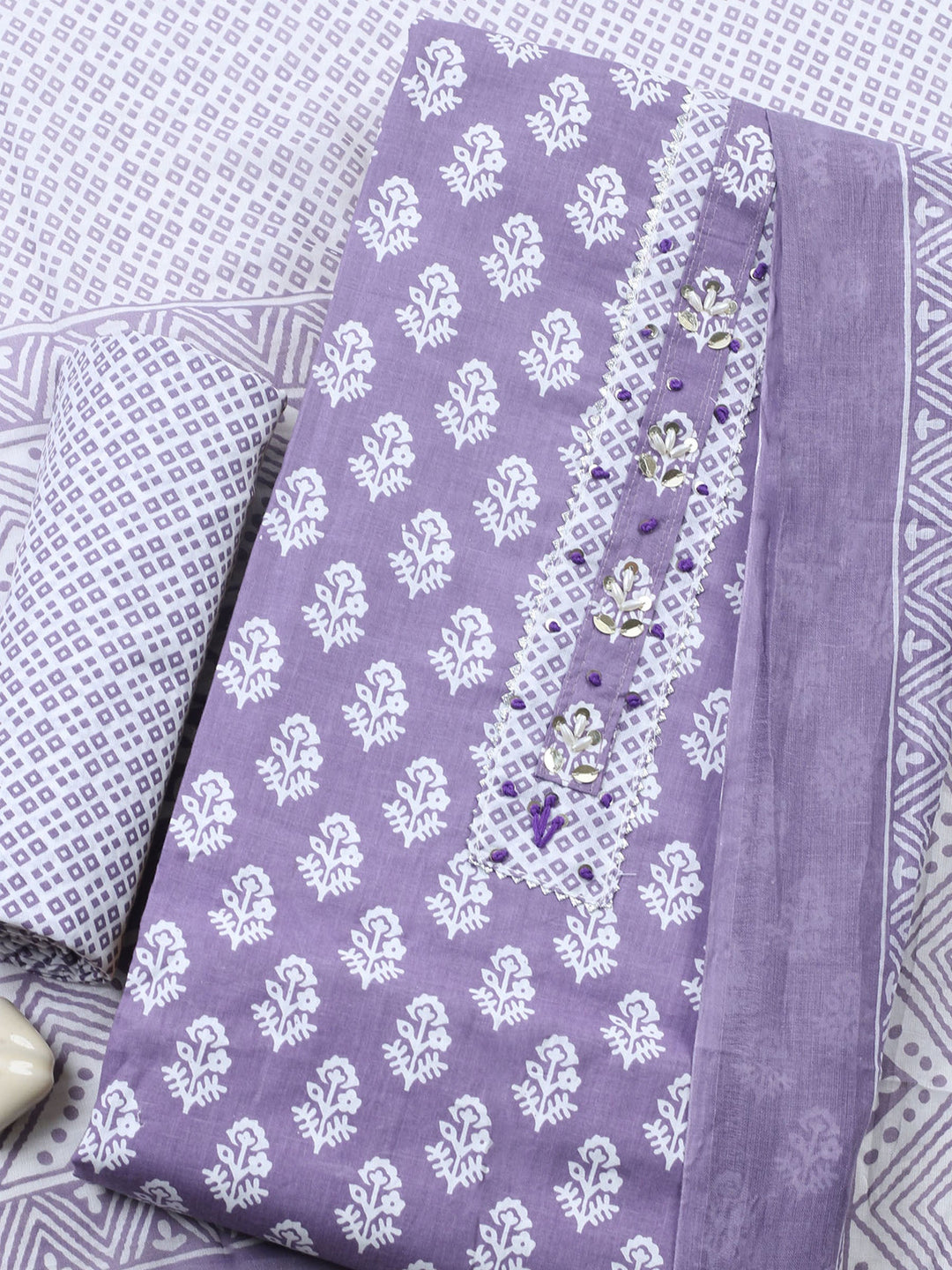 Embroidered Cotton Blend Unstitched Suit With Dupatta