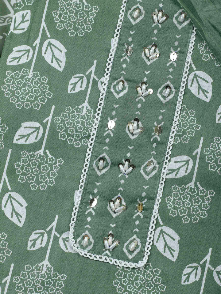 Green Printed Cotton Blend Unstitched Dress Material