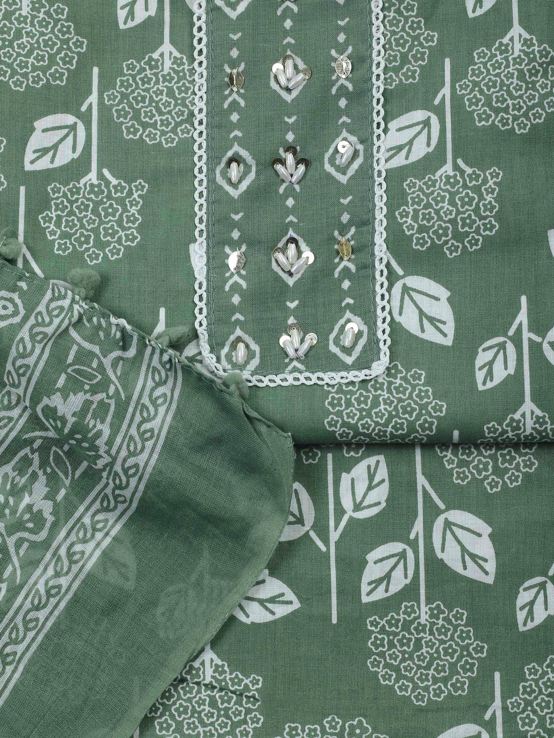 Green Printed Cotton Blend Unstitched Dress Material