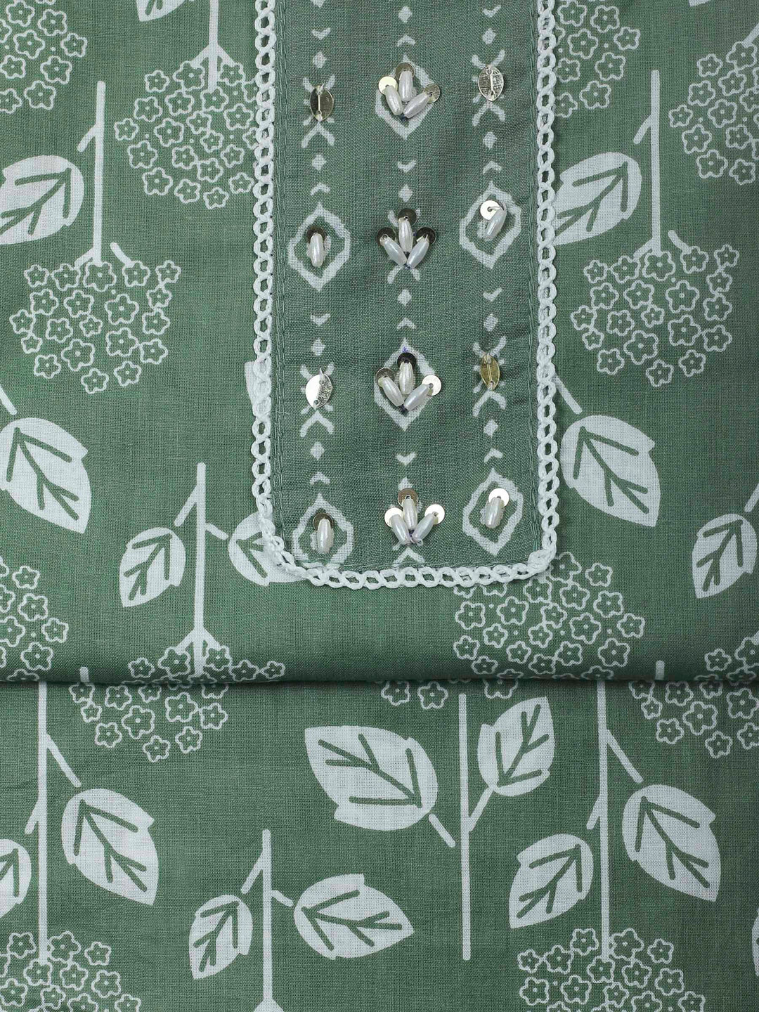 Green Printed Cotton Blend Unstitched Dress Material