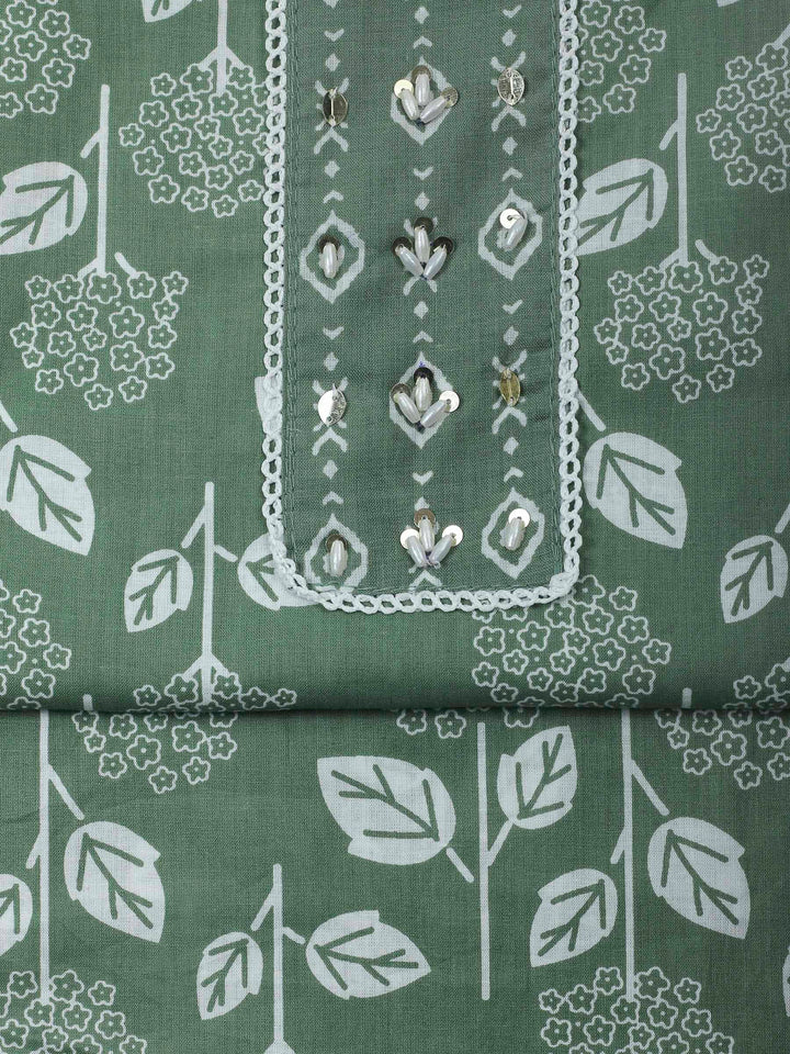 Green Printed Cotton Blend Unstitched Dress Material
