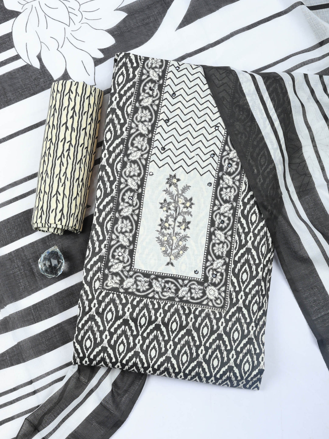 Black Printed Cotton Blend Unstitched Dress Material