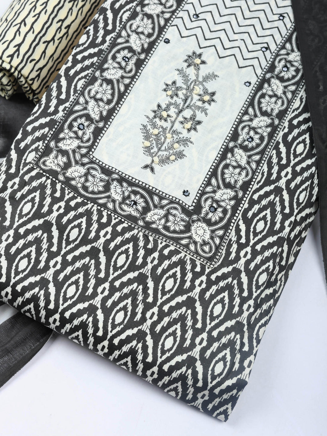 Black Printed Cotton Blend Unstitched Dress Material