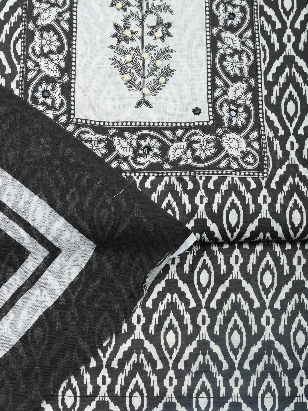Black Printed Cotton Blend Unstitched Dress Material