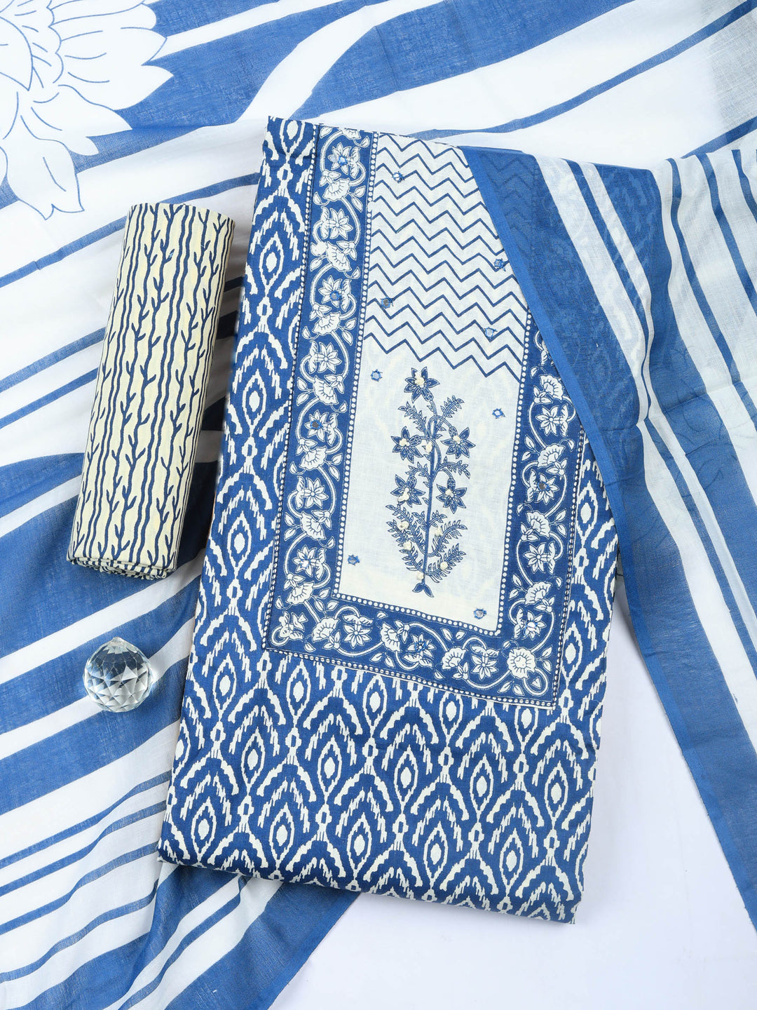 Blue Printed Cotton Blend Unstitched Dress Material