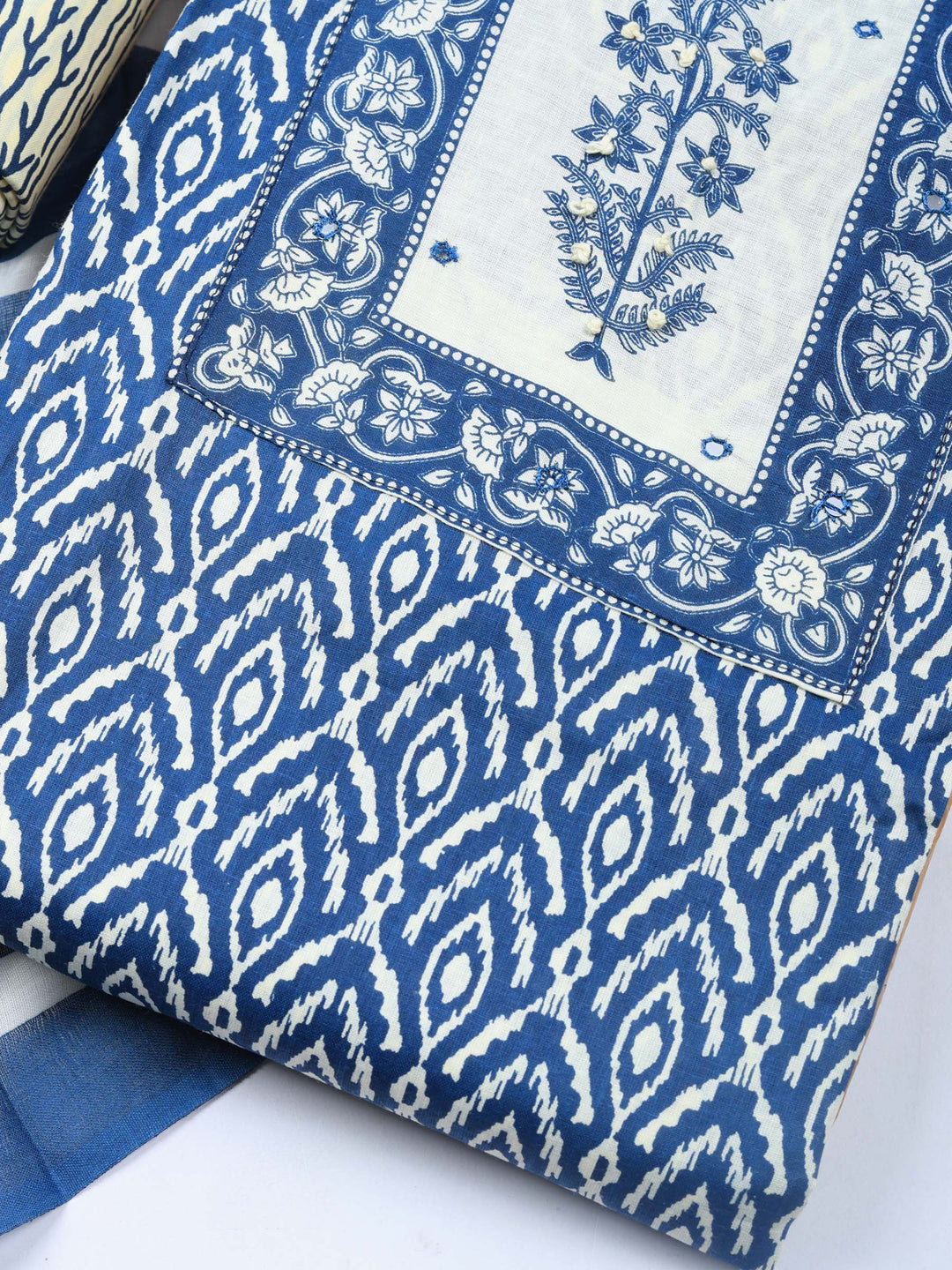 Blue Printed Cotton Blend Unstitched Dress Material