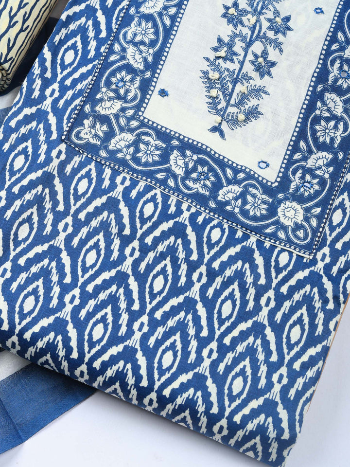 Blue Printed Cotton Blend Unstitched Dress Material