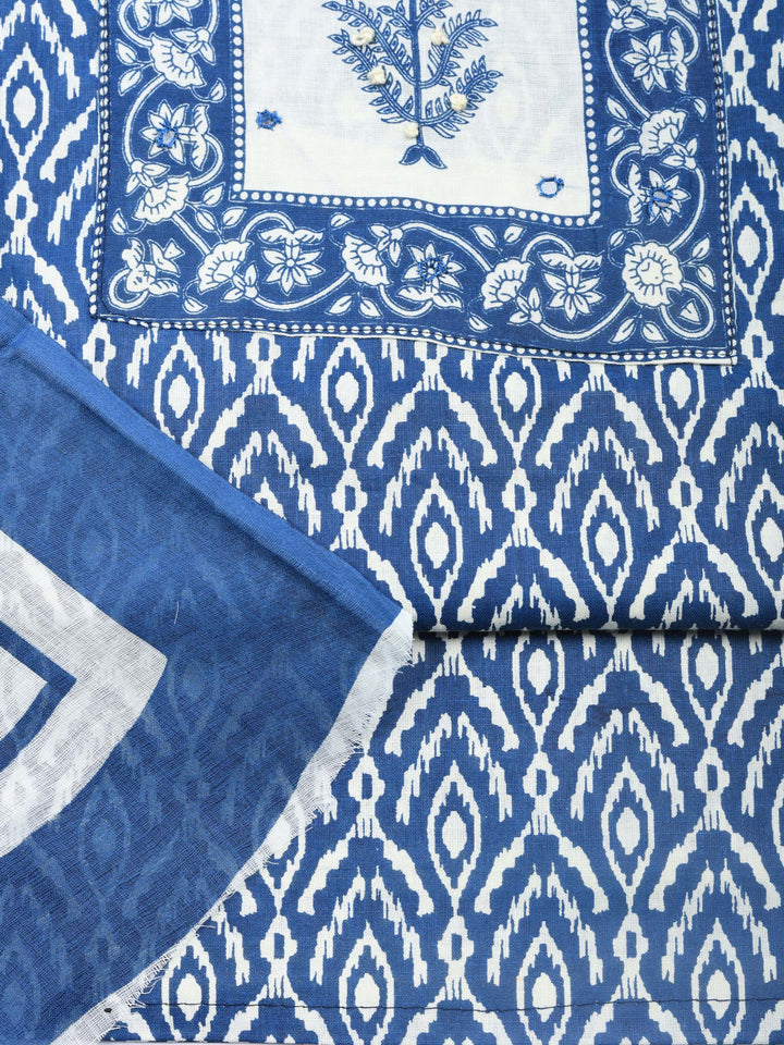 Blue Printed Cotton Blend Unstitched Dress Material