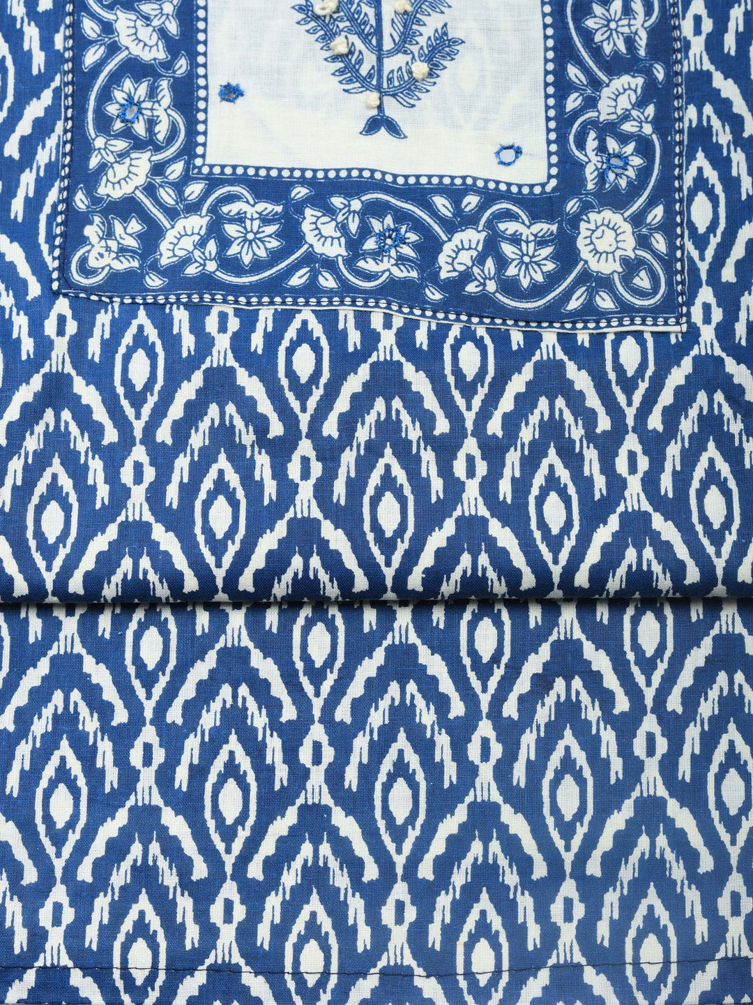 Blue Printed Cotton Blend Unstitched Dress Material